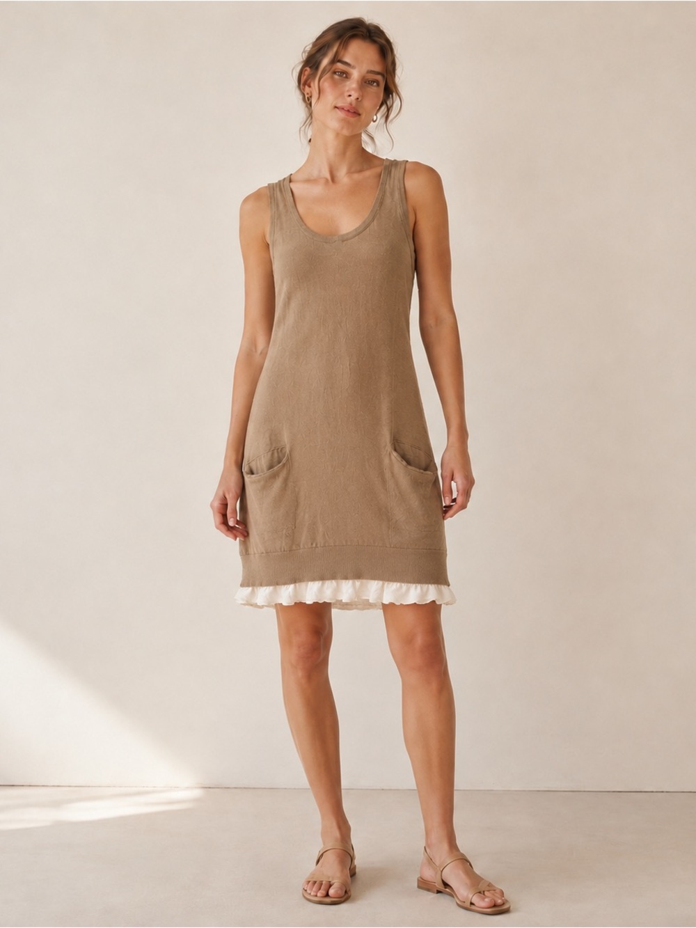 Maille Club XS Layered Linen Blend Knit Midi Dress Tan Ivory